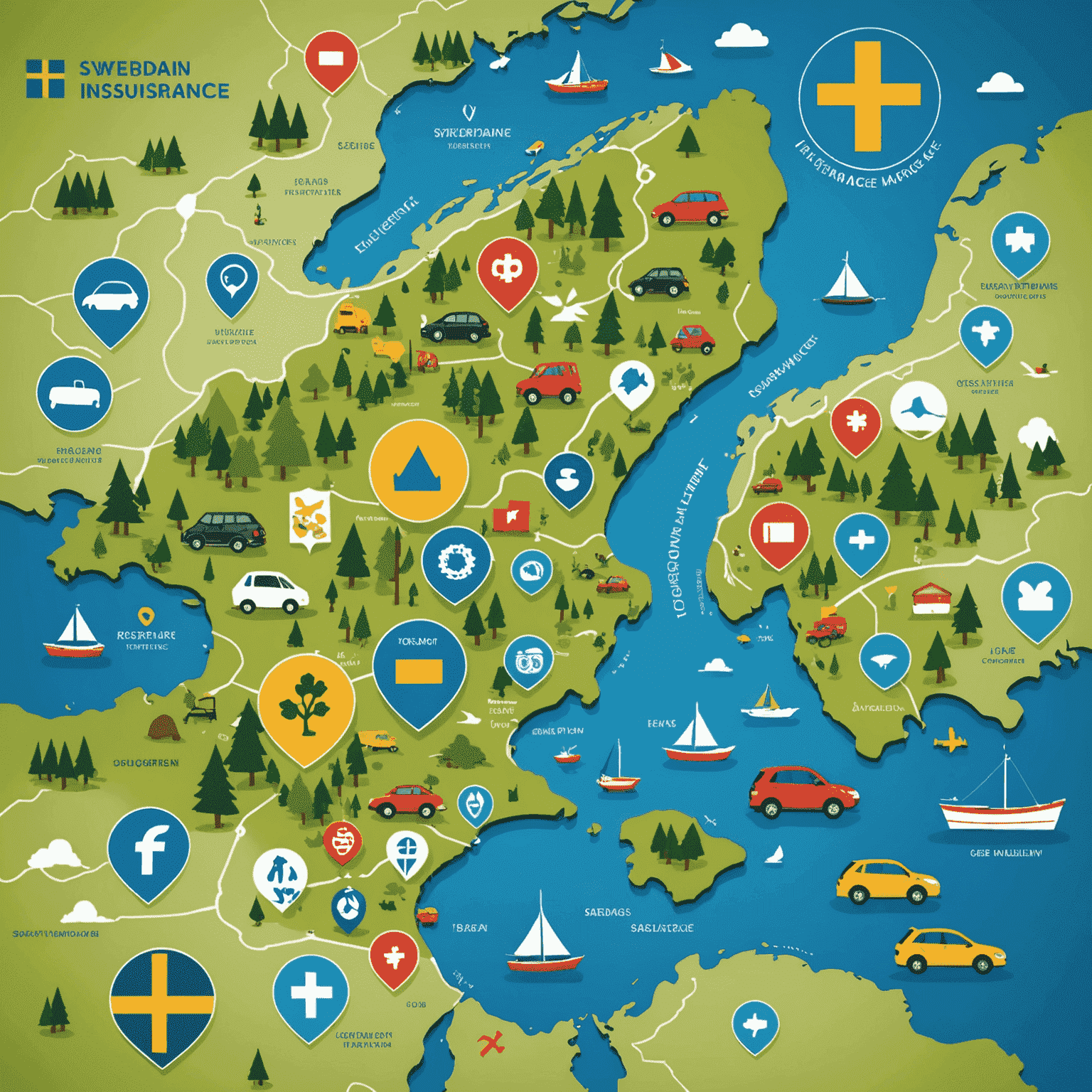 En karta över Sverige med ikoner som representerar olika aspekter av bilförsäkringsmarknaden, inklusive regleringar och marknadstrender
